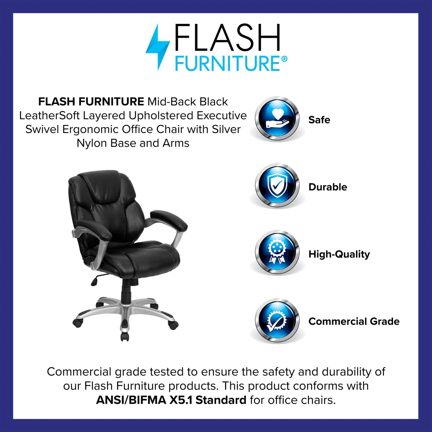 Heather Executive Swivel Ergonomic Office Chair with Mid - Back Black LeatherSoft, Silver Nylon Base and Arms by Flash Furniture - SchoolOutlet