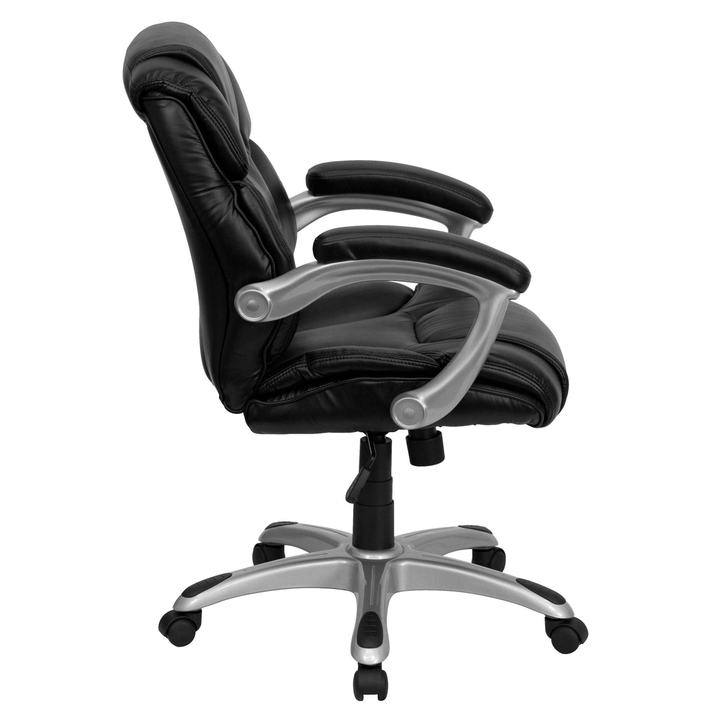 Heather Executive Swivel Ergonomic Office Chair with Mid - Back Black LeatherSoft, Silver Nylon Base and Arms by Flash Furniture - SchoolOutlet
