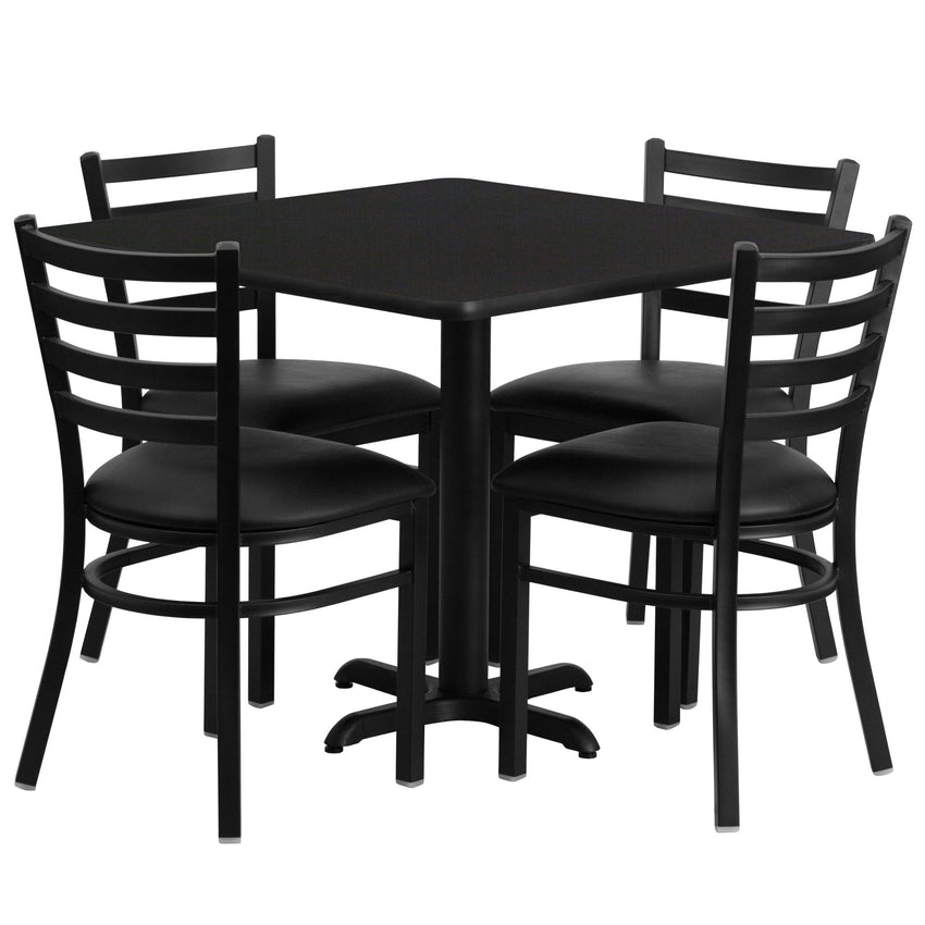 Carlton 36'' Square Laminate Table Set with X - Base and 4 Ladder Back Metal Chairs - Black Vinyl Seat by Flash Furniture - SchoolOutlet