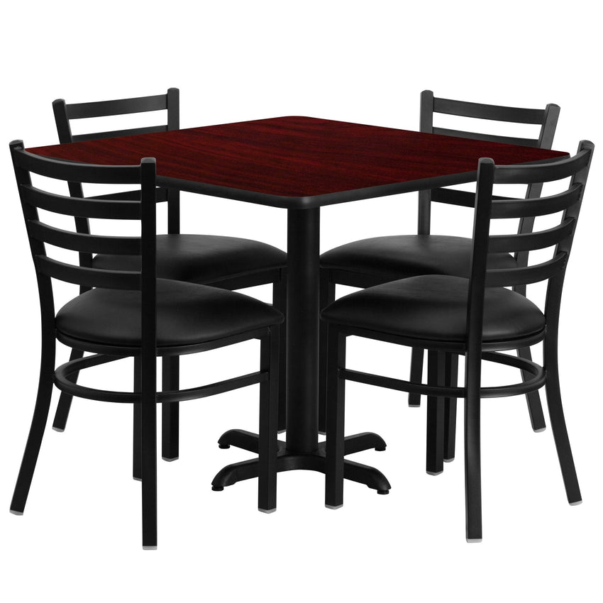 Carlton 36'' Square Laminate Table Set with X - Base and 4 Ladder Back Metal Chairs - Black Vinyl Seat by Flash Furniture - SchoolOutlet