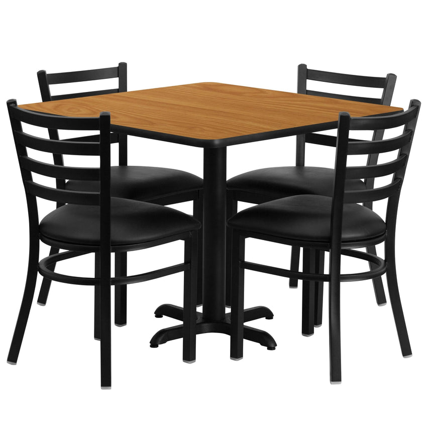 Carlton 36'' Square Laminate Table Set with X - Base and 4 Ladder Back Metal Chairs - Black Vinyl Seat by Flash Furniture - SchoolOutlet