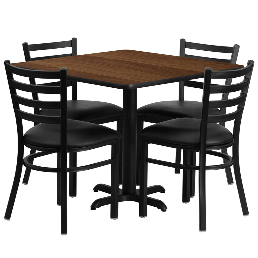 Carlton 36'' Square Laminate Table Set with X - Base and 4 Ladder Back Metal Chairs - Black Vinyl Seat by Flash Furniture - SchoolOutlet