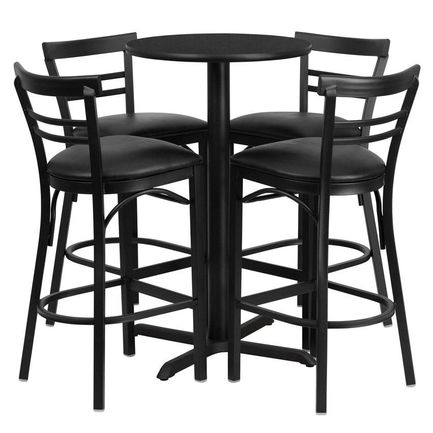 Carlton 24'' Round Laminate Table Set with X - Base and 4 Two - Slat Ladder Back Metal Barstools by Flash Furniture - SchoolOutlet