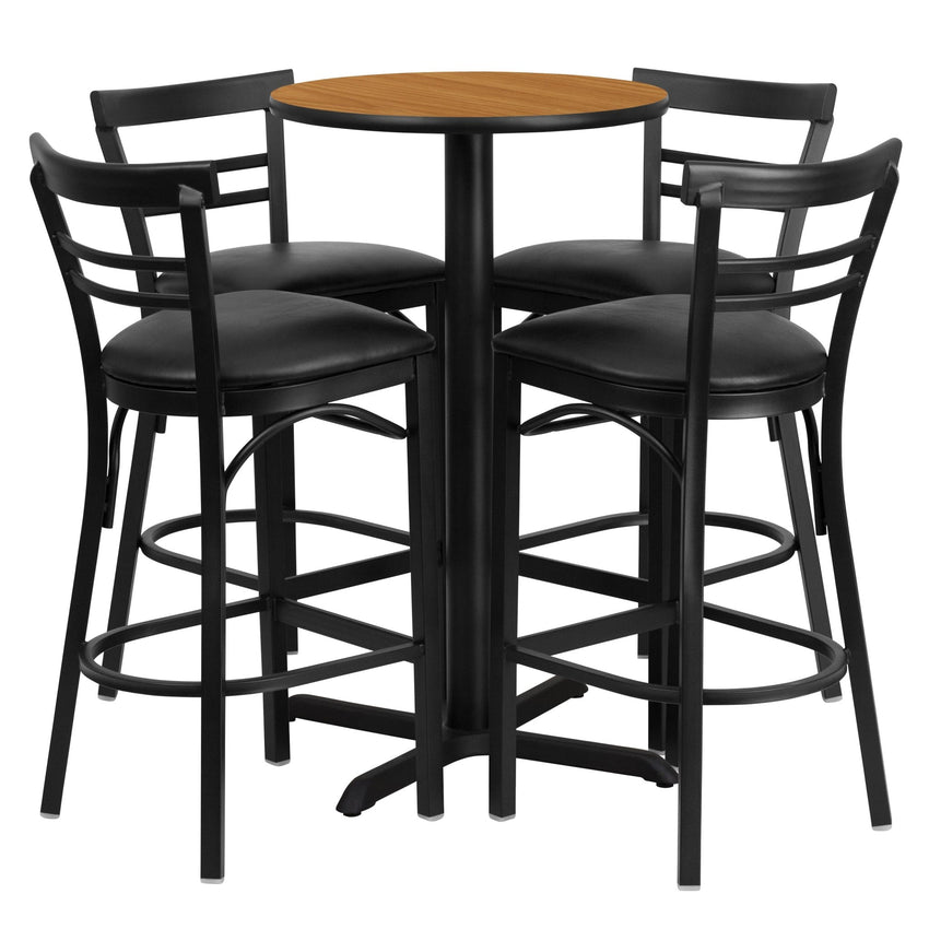 Carlton 24'' Round Laminate Table Set with X - Base and 4 Two - Slat Ladder Back Metal Barstools by Flash Furniture - SchoolOutlet