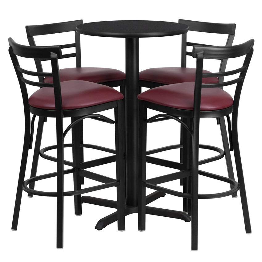 Carlton 24'' Round Laminate Table Set with X - Base and 4 Two - Slat Ladder Back Metal Barstools by Flash Furniture - SchoolOutlet