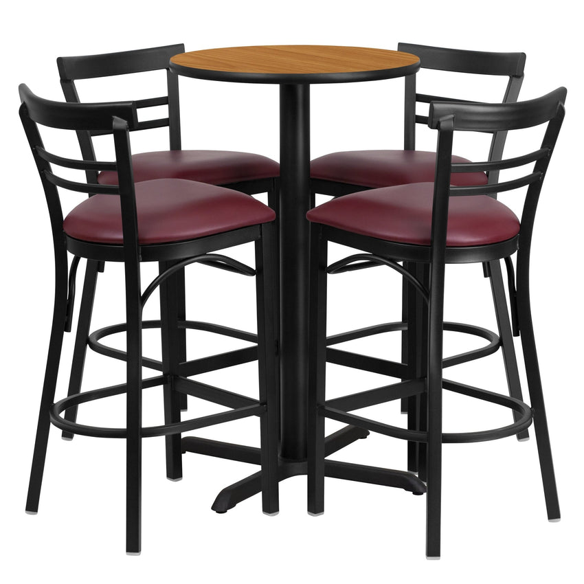 Carlton 24'' Round Laminate Table Set with X - Base and 4 Two - Slat Ladder Back Metal Barstools by Flash Furniture - SchoolOutlet