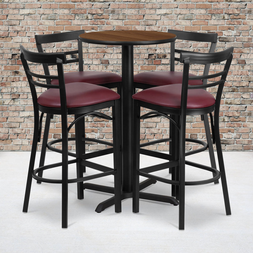 Carlton 24'' Round Laminate Table Set with X - Base and 4 Two - Slat Ladder Back Metal Barstools by Flash Furniture - SchoolOutlet