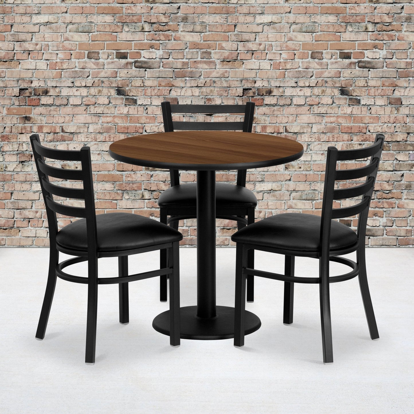 Clark 30'' Round Walnut Laminate Table Set with 3 Ladder Back Metal Chairs - Black Vinyl Seat by Flash Furniture - SchoolOutlet