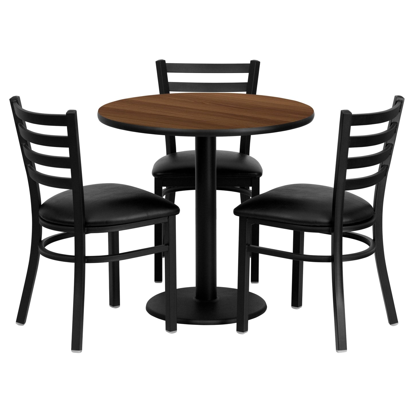 Clark 30'' Round Walnut Laminate Table Set with 3 Ladder Back Metal Chairs - Black Vinyl Seat by Flash Furniture - SchoolOutlet