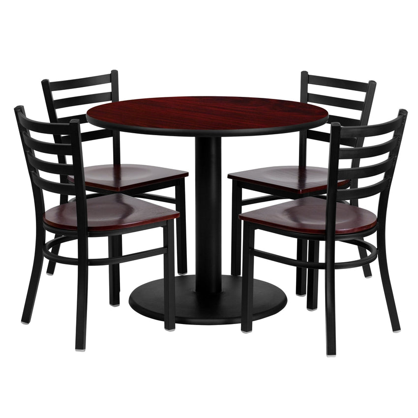 Clark 36'' Round Mahogany Laminate Table Set with 4 Ladder Back Metal Chairs - Mahogany Wood Seat by Flash Furniture - SchoolOutlet