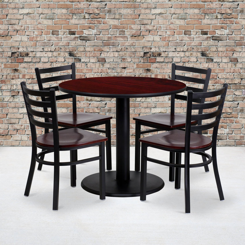 Clark 36'' Round Mahogany Laminate Table Set with 4 Ladder Back Metal Chairs - Mahogany Wood Seat by Flash Furniture - SchoolOutlet