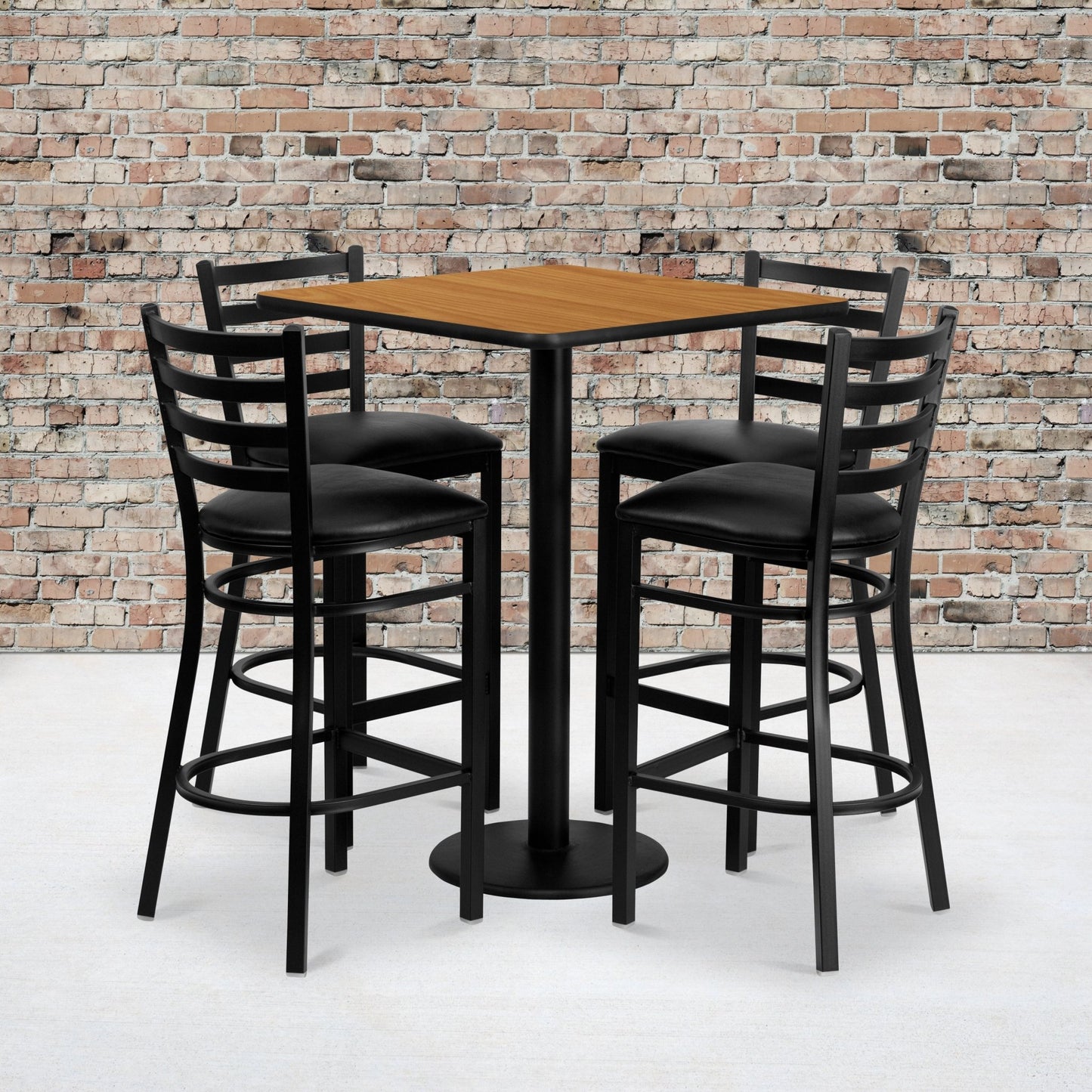 Clark 30'' Square Natural Laminate Table Set with 4 Ladder Back Metal Barstools - Black Vinyl Seat by Flash Furniture - SchoolOutlet