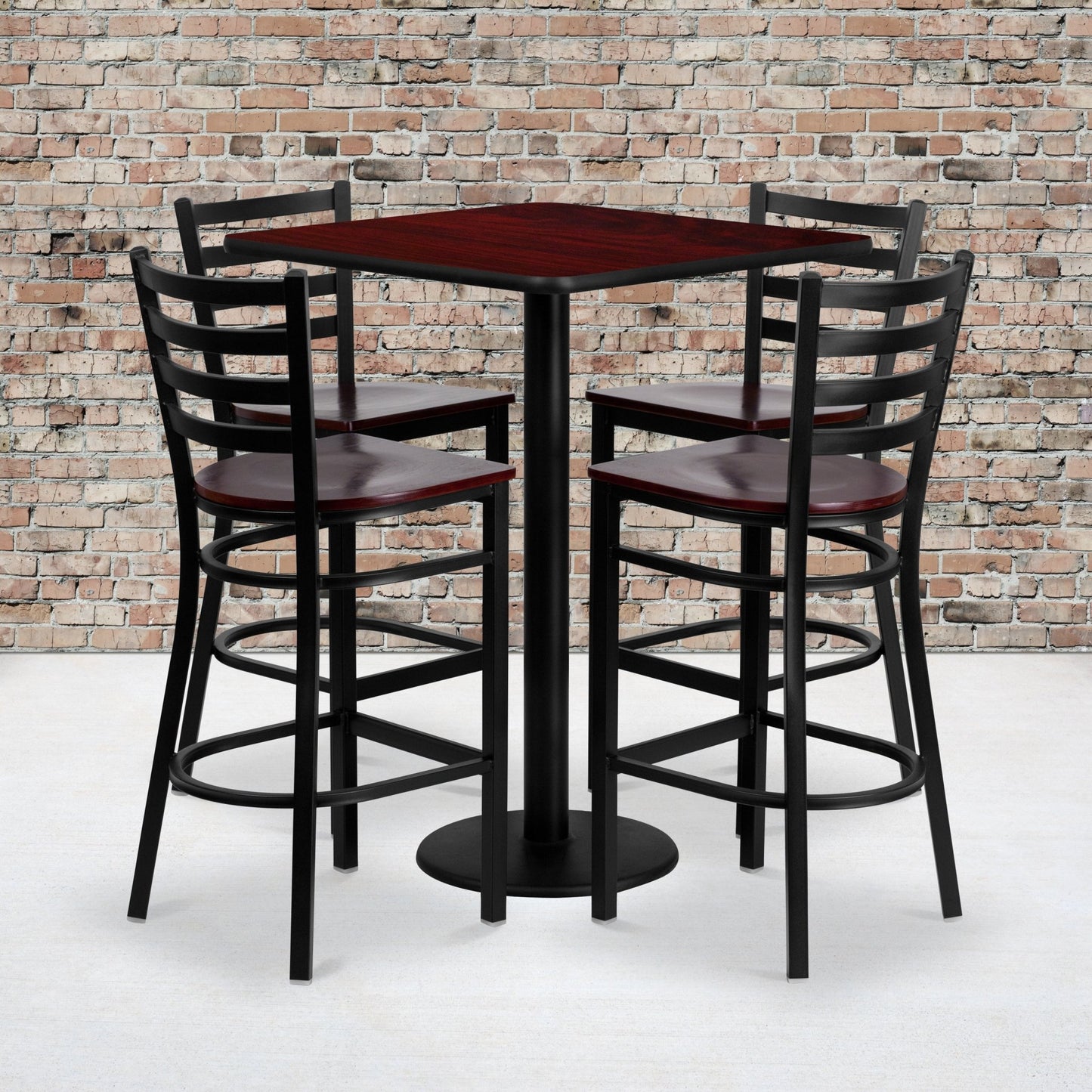 Clark 30'' Square Laminate Table Set with 4 Ladder Back Metal Barstools - Mahogany Top and Wood Seat by Flash Furniture - SchoolOutlet