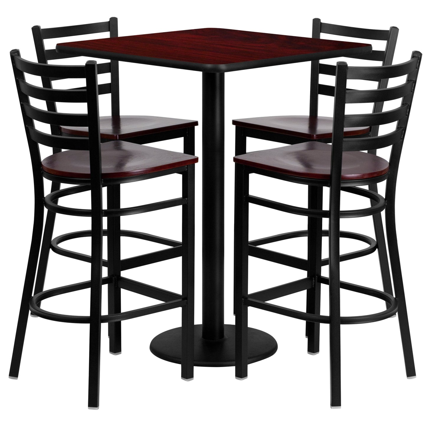 Clark 30'' Square Laminate Table Set with 4 Ladder Back Metal Barstools - Mahogany Top and Wood Seat by Flash Furniture - SchoolOutlet
