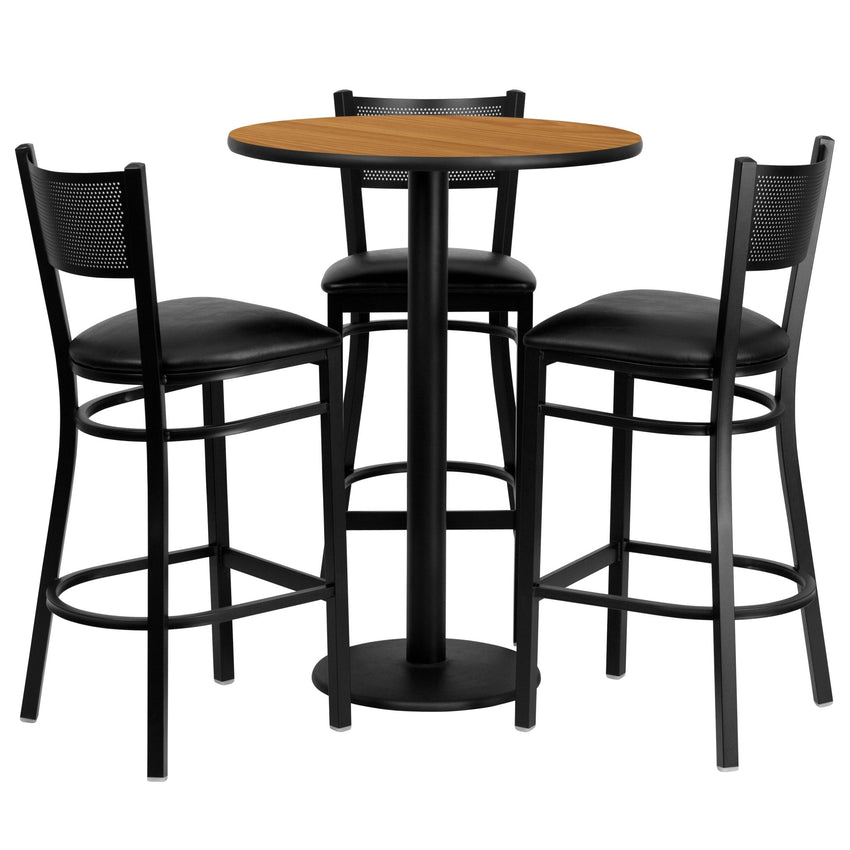 Clark 30'' Round Natural Laminate Table Set with 3 Grid Back Metal Barstools - Black Vinyl Seat by Flash Furniture - SchoolOutlet
