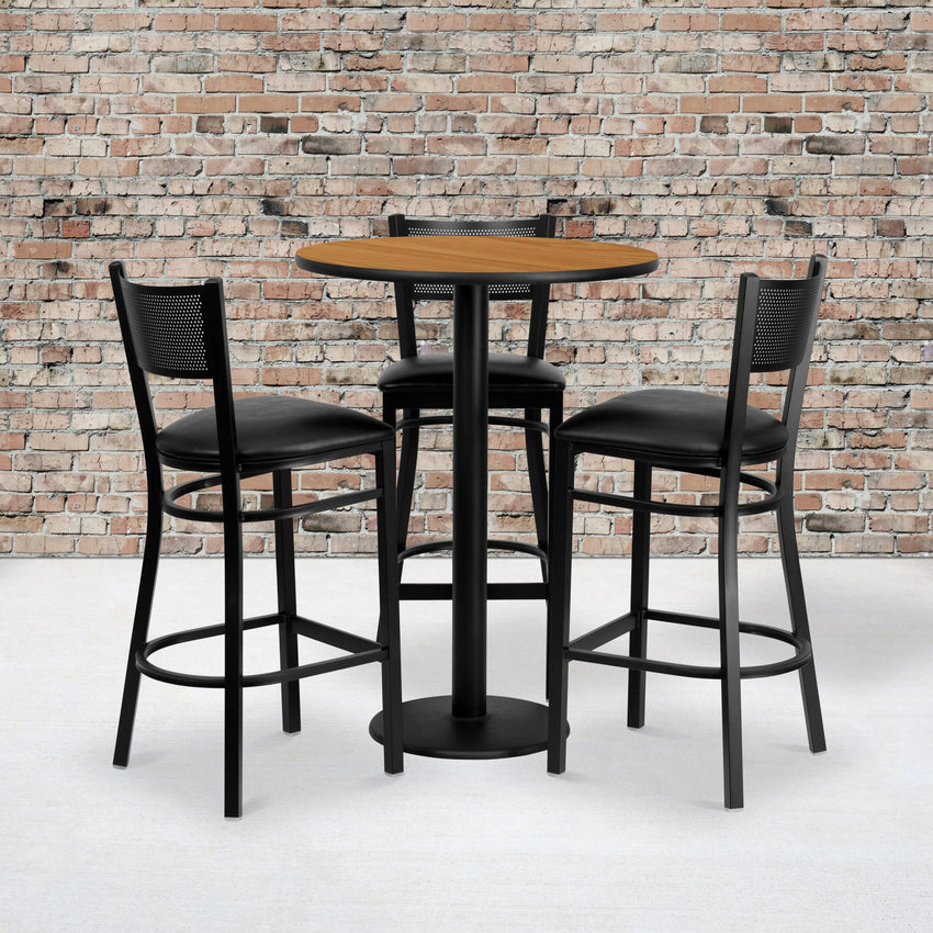 Clark 30'' Round Natural Laminate Table Set with 3 Grid Back Metal Barstools - Black Vinyl Seat by Flash Furniture - SchoolOutlet