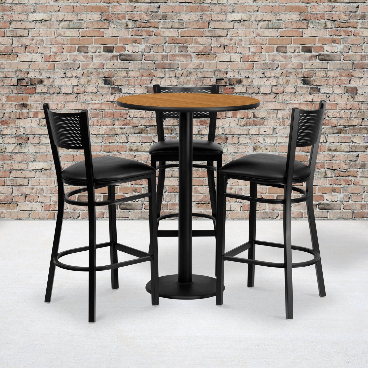 Clark 30'' Round Natural Laminate Table Set with 3 Grid Back Metal Barstools - Black Vinyl Seat by Flash Furniture - SchoolOutlet