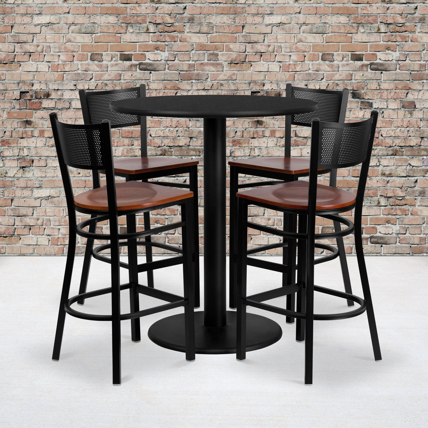 Clark 36'' Round Black Laminate Table Set with 4 Grid Back Metal Barstools - Cherry Wood Seat by Flash Furniture - SchoolOutlet