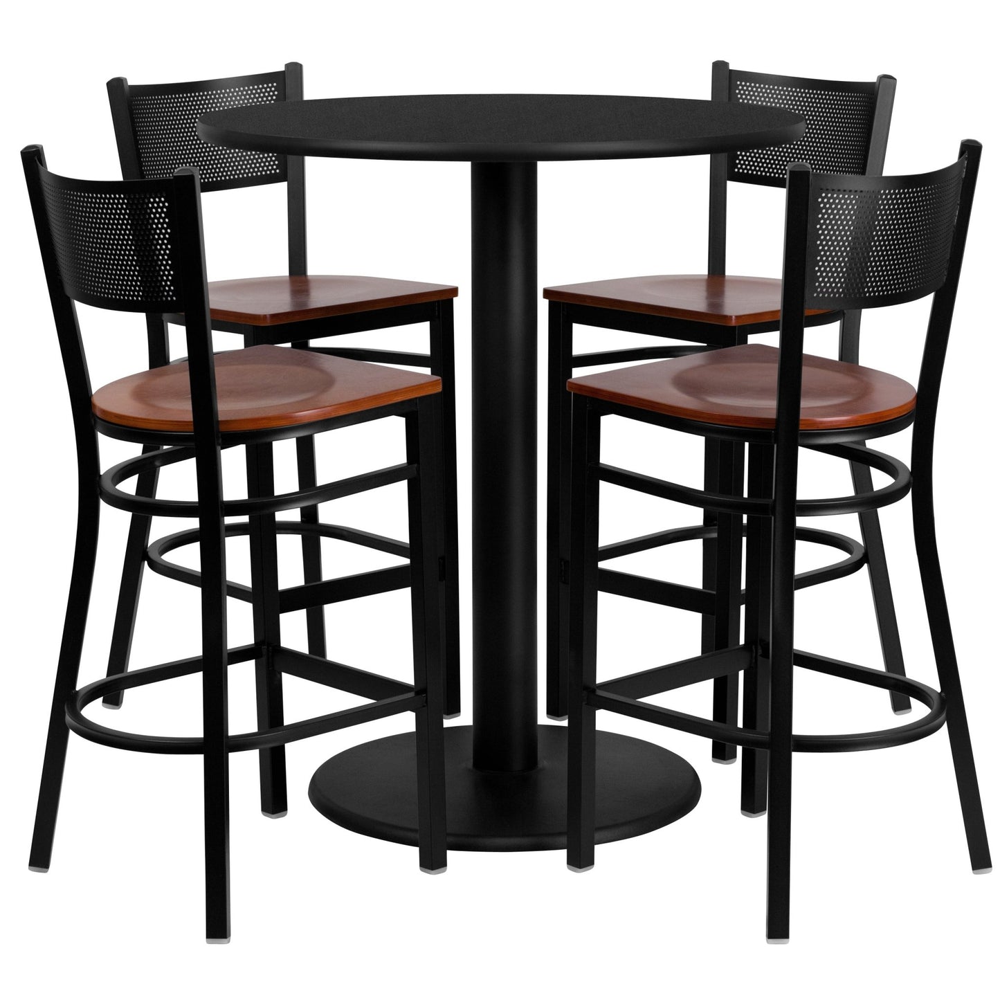 Clark 36'' Round Black Laminate Table Set with 4 Grid Back Metal Barstools - Cherry Wood Seat by Flash Furniture - SchoolOutlet