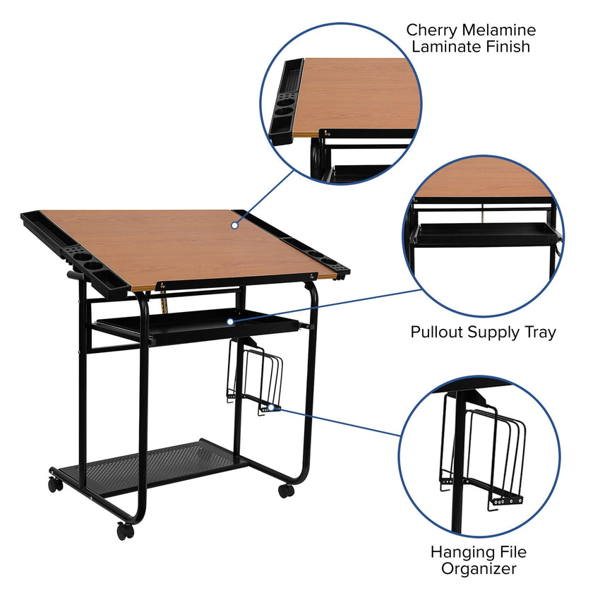 Swanson Adjustable Drawing and Drafting Table with Black Frame and Dual Wheel Casters by Flash Furniture - SchoolOutlet