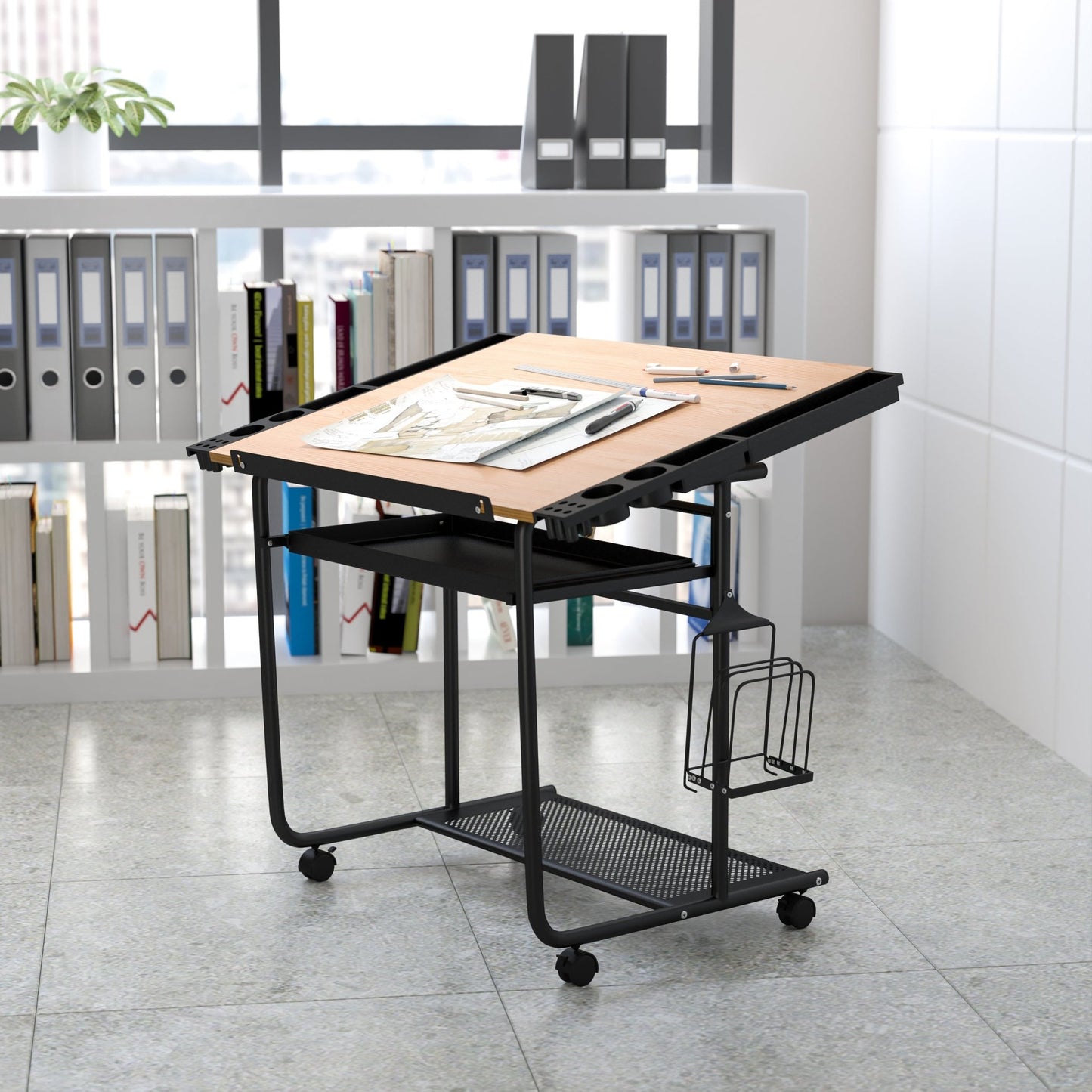 Swanson Adjustable Drawing and Drafting Table with Black Frame and Dual Wheel Casters by Flash Furniture - SchoolOutlet