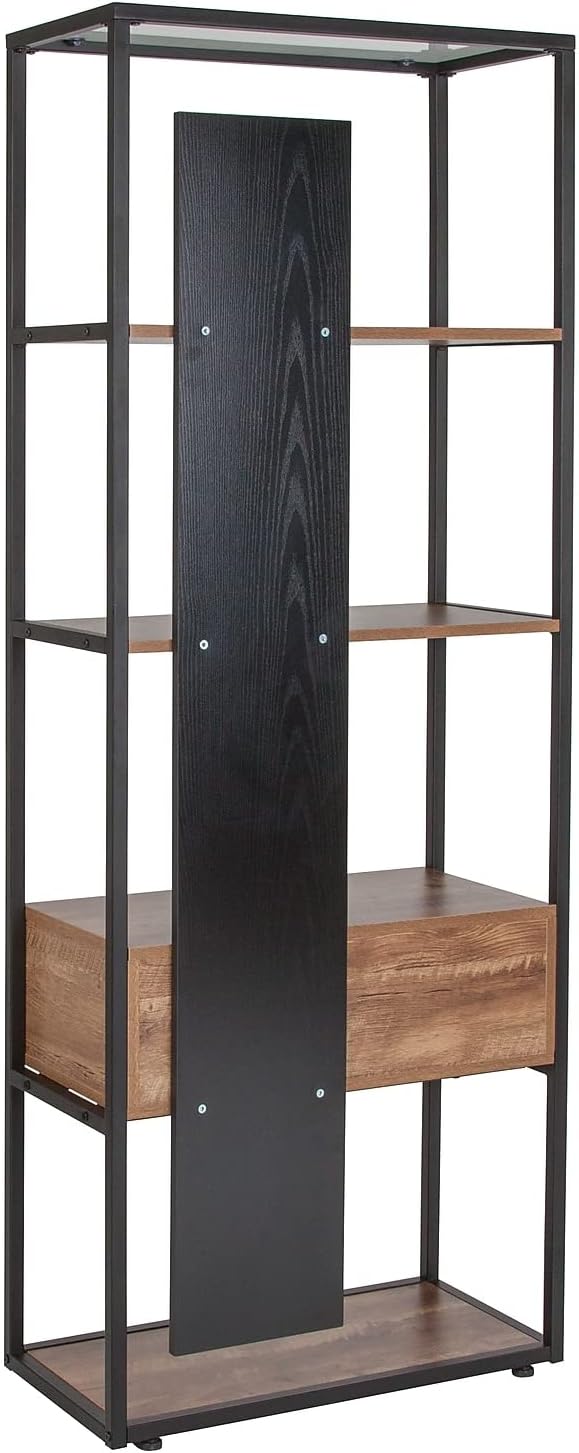 Cumberland Collection 4 Shelf 65.75"H Bookcase with Drawer in Rustic Wood Grain Finish - SchoolOutlet