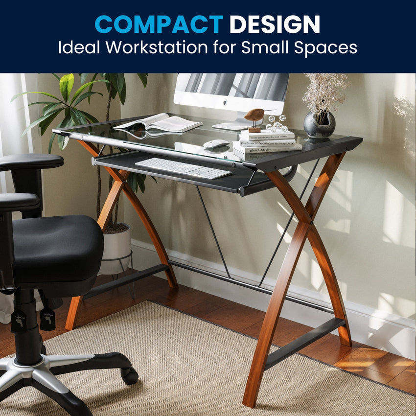 Jude Glass Computer Desk with Pull - Out Keyboard Tray and Crisscross Frame by Flash Furniture - SchoolOutlet