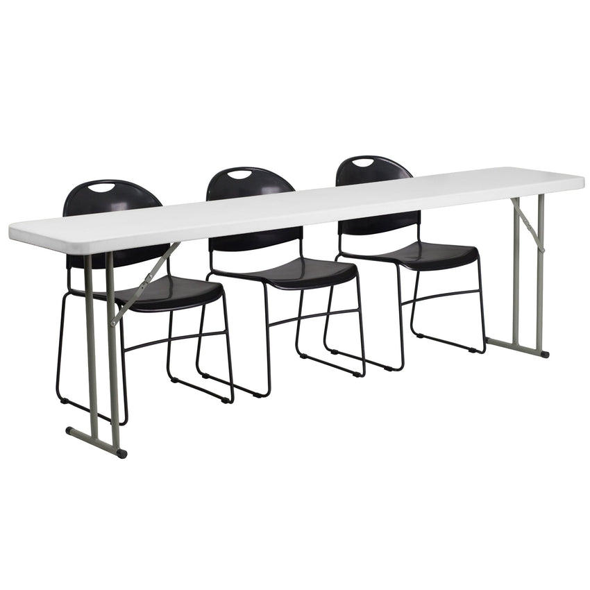 Kathryn 8 - Foot Plastic Folding Training Table Set with 3 Black Plastic Stack Chairs by Flash Furniture - SchoolOutlet