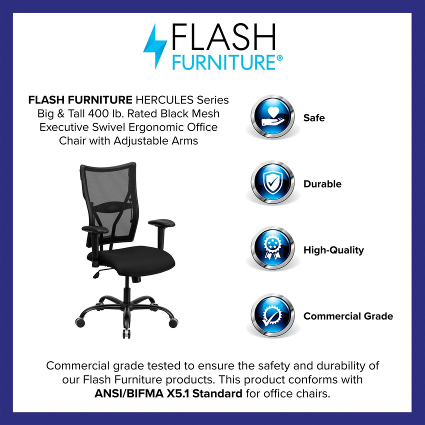HERCULES Series Big & Tall Executive Swivel Ergonomic Office Chair with Adjustable Arms, Black Mesh - 400 lb. Rated by Flash Furniture - SchoolOutlet