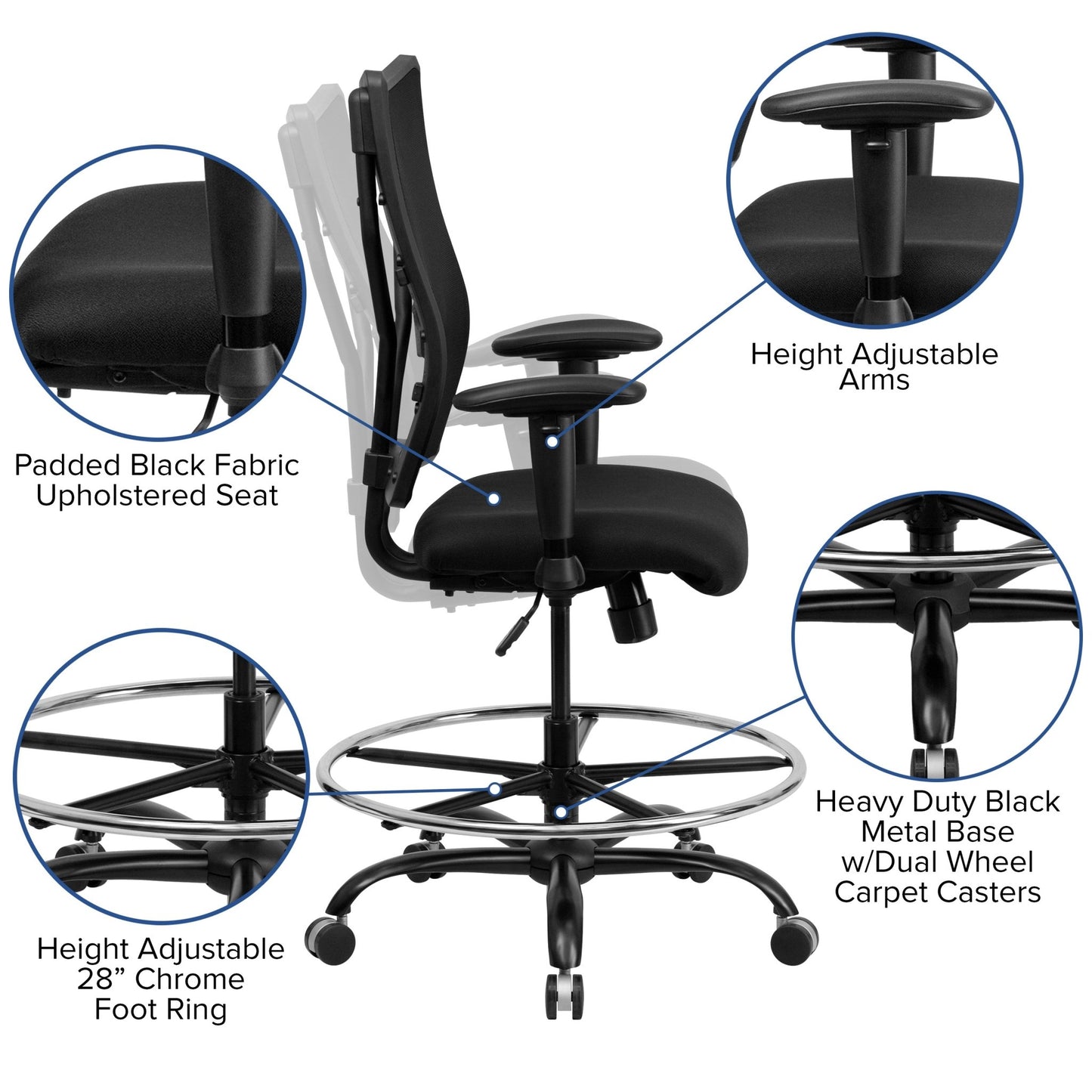 HERCULES Series Big & Tall Black Mesh Ergonomic Drafting Chair with Adjustable Arms - 400 lb. Rated by Flash Furniture - SchoolOutlet