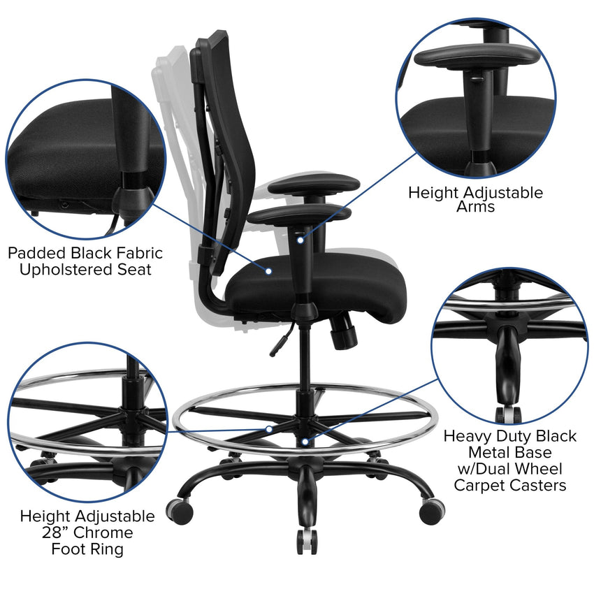 HERCULES Series Big & Tall Black Mesh Ergonomic Drafting Chair with Adjustable Arms - 400 lb. Rated by Flash Furniture - SchoolOutlet