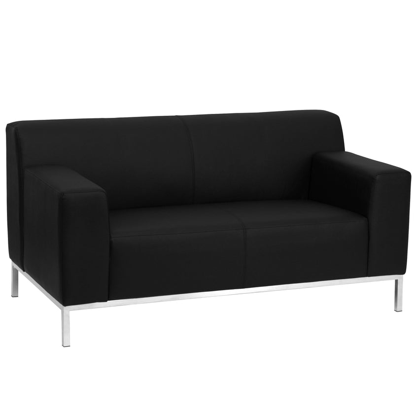 HERCULES Definity Series Contemporary Reception Loveseat in Black LeatherSoft with Stainless Steel Frame by Flash Furniture - SchoolOutlet