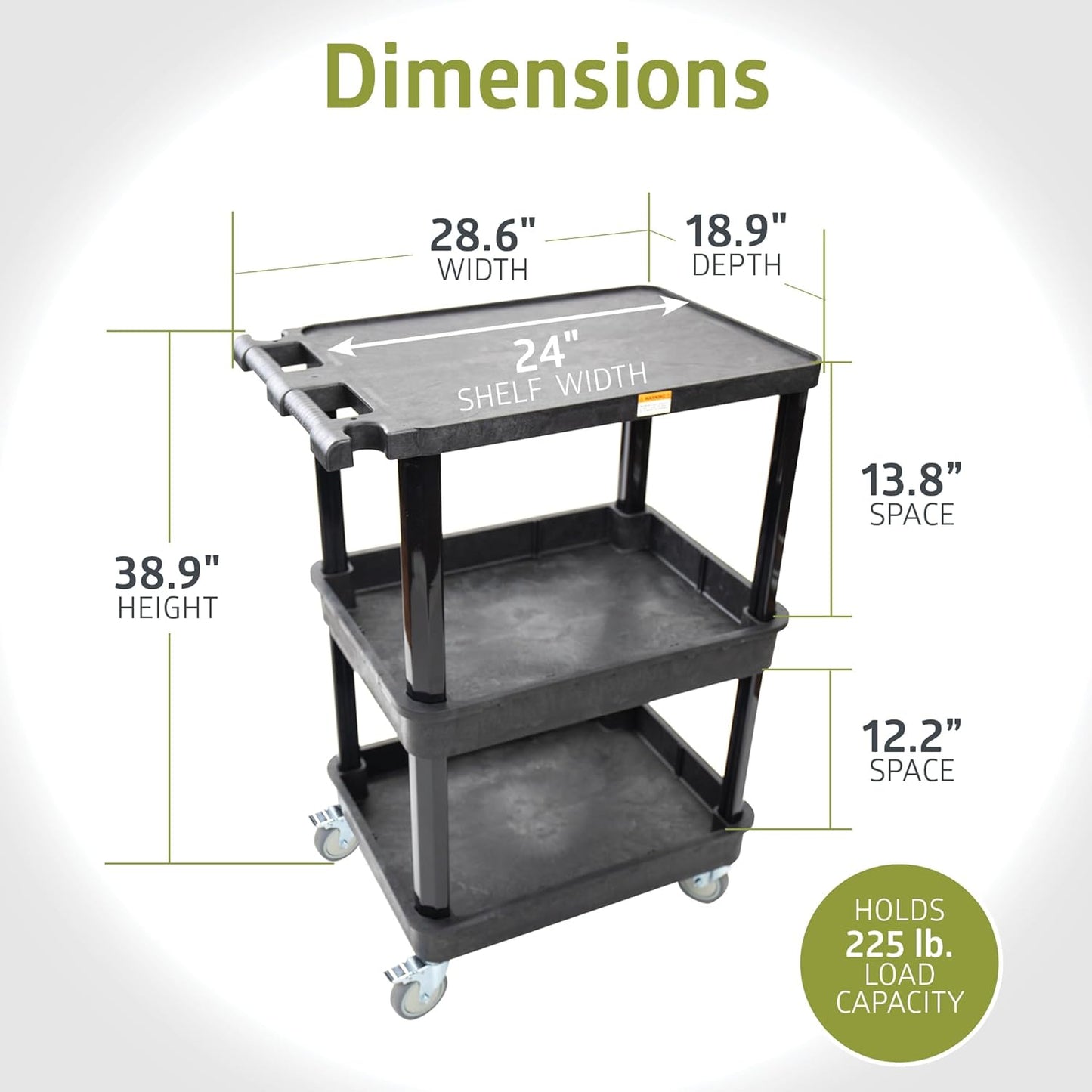 Fuerza 3 - Shelf Multipurpose Mobile Utility Cart with 2 Bins and Lockable Wheels, Heavy - Duty Plastic Rolling Presentation Cart for Offices and Warehouses, Black (FZA - 6528) - SchoolOutlet