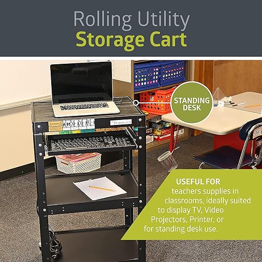Fuerza AV and Presentation Cart Stand for Video Projector, TV, Laptop Computers, Printers, Metal Construction Rolling Storage Cart with Adjustable Shelves - SchoolOutlet