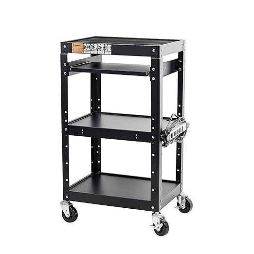 Fuerza AV and Presentation Cart Stand for Video Projector, TV, Laptop Computers, Printers, Metal Construction Rolling Storage Cart with Adjustable Shelves - SchoolOutlet