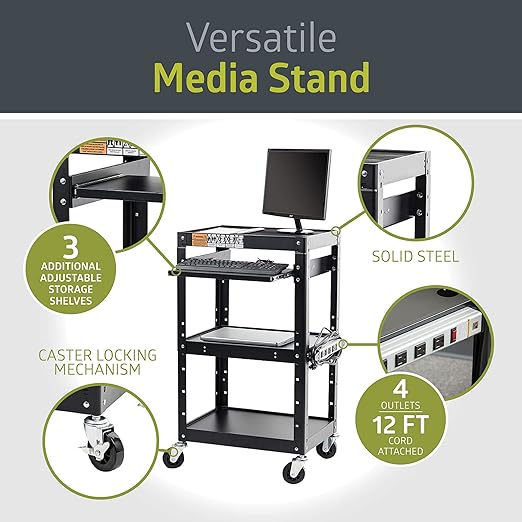 Fuerza AV and Presentation Cart Stand for Video Projector, TV, Laptop Computers, Printers, Metal Construction Rolling Storage Cart with Adjustable Shelves - SchoolOutlet