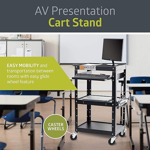 Fuerza AV and Presentation Cart Stand for Video Projector, TV, Laptop Computers, Printers, Metal Construction Rolling Storage Cart with Adjustable Shelves - SchoolOutlet
