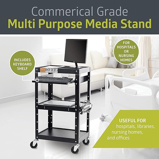 Fuerza AV and Presentation Cart Stand for Video Projector, TV, Laptop Computers, Printers, Metal Construction Rolling Storage Cart with Adjustable Shelves - SchoolOutlet