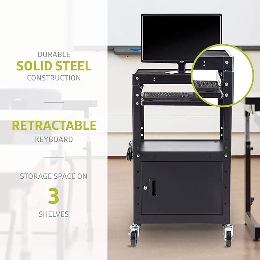 Fuerza AV and Presentation Cart with Cabinet and Storage Box for Video Projector, TV, Laptop Computers or Printers - SchoolOutlet