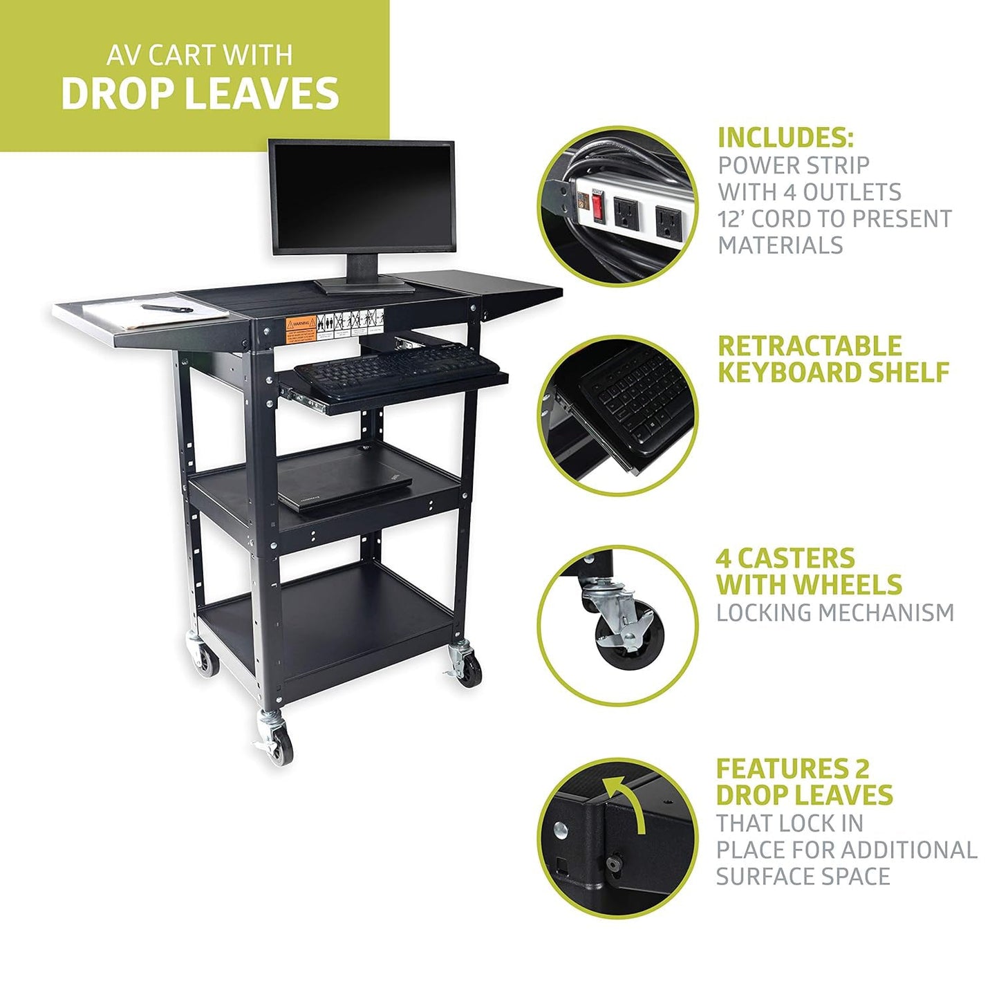 Fuerza AV Presentation Cart w/Drop Leaves and Adjustable Shelves for TV, Printer, or Laptop - SchoolOutlet