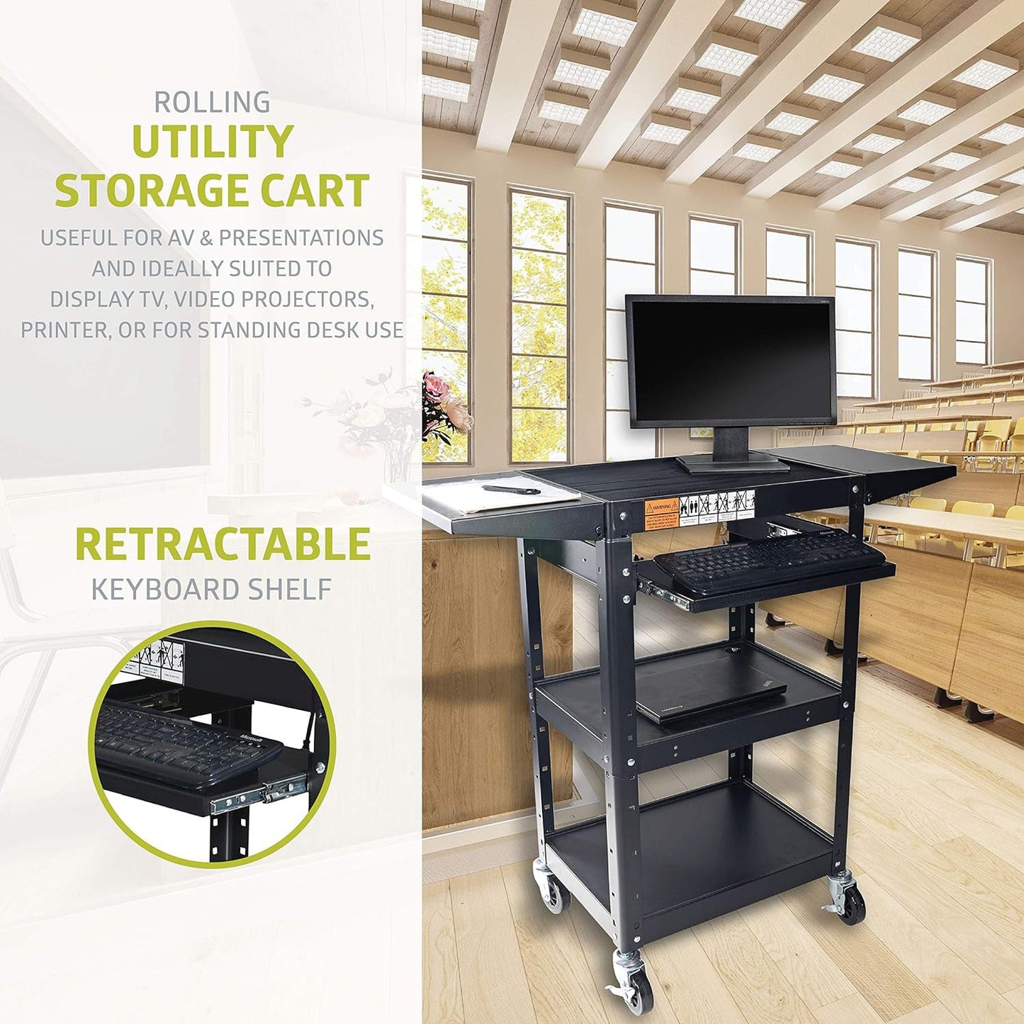 Fuerza AV Presentation Cart w/Drop Leaves and Adjustable Shelves for TV, Printer, or Laptop - SchoolOutlet