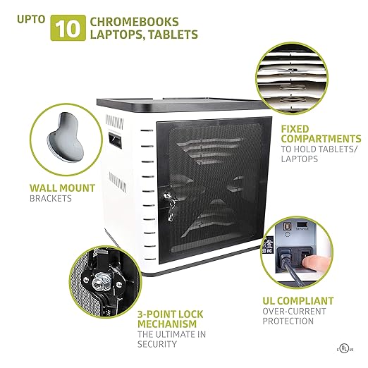 Fuerza 10 Device USB Charging Storage Cabinet for iPads, Chromebooks and Laptops Up to 11 " Screen Size - SchoolOutlet