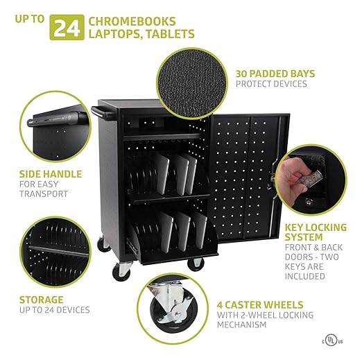 Fuerza 24 Device Charging Cart Station for Chromebooks, iPads, Tablets and Laptops, Store up to 15 " Screen Size (Simple Assembly) - SchoolOutlet