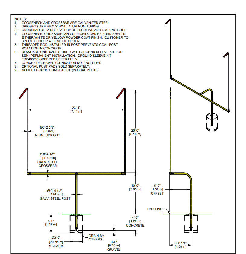Gared High School Football Goalpost, 4 - 1/2" O.D. Yellow Permanent/Sleeve Mount (GPS - FGP401SY) - SchoolOutlet