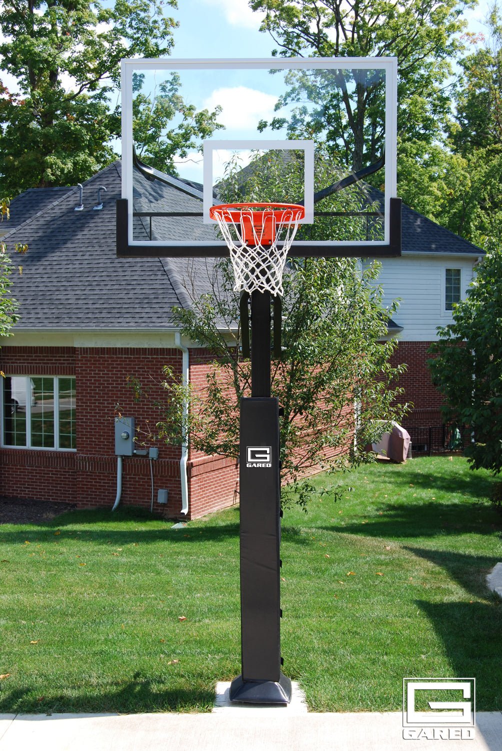 Gared Performance Sports Systems Collegiate Jam Adjustable Basketball Hoop 5" Post with Glass Backboard and Breakaway Rim (GPS - GP8G60DM) - SchoolOutlet