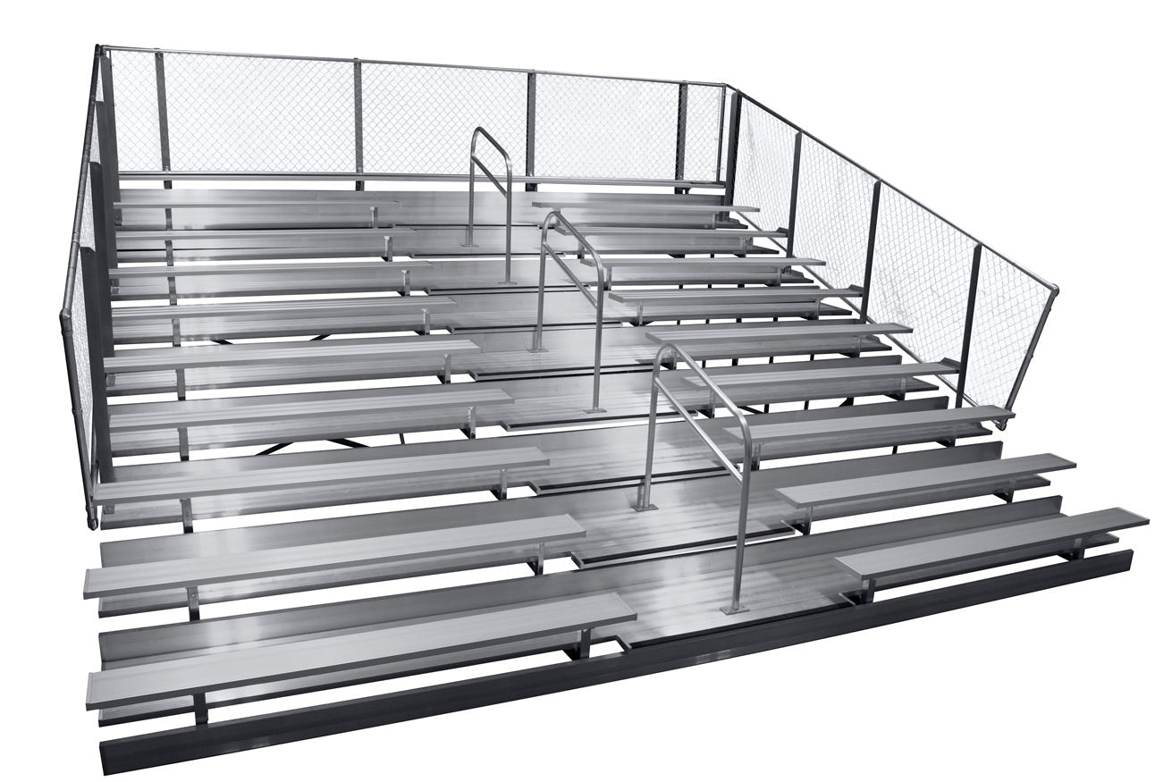 Gared Spectator Stationary Bleacher with Aisle, 10 - Row, 21' Aluminum with Double Foot Plank & Guardrail Seating for 113 Fans (GPS - GSNB1021WA) - SchoolOutlet
