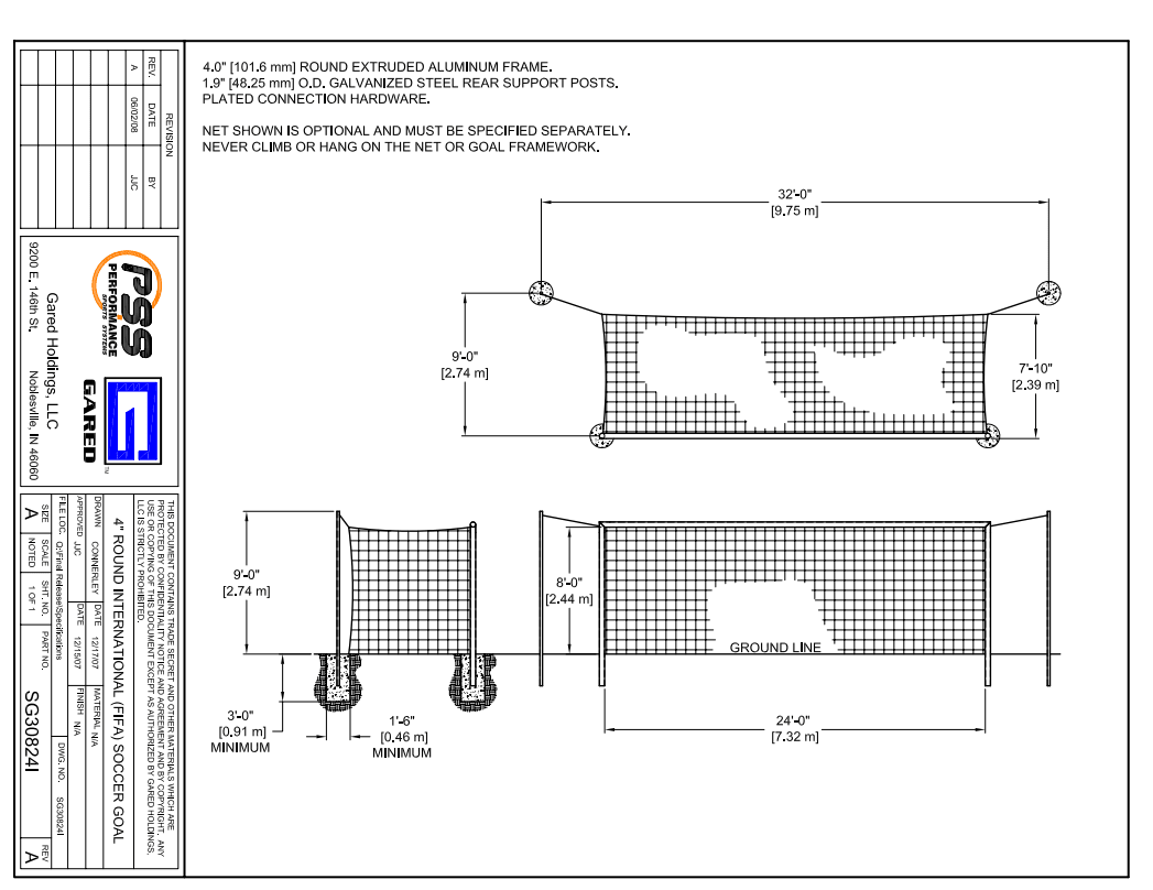 Gared All Star II FIFA Inground Soccer Goal, 8' x 24' Official Size with 4" Steel Frame (GPS - SGRD824I) - SchoolOutlet