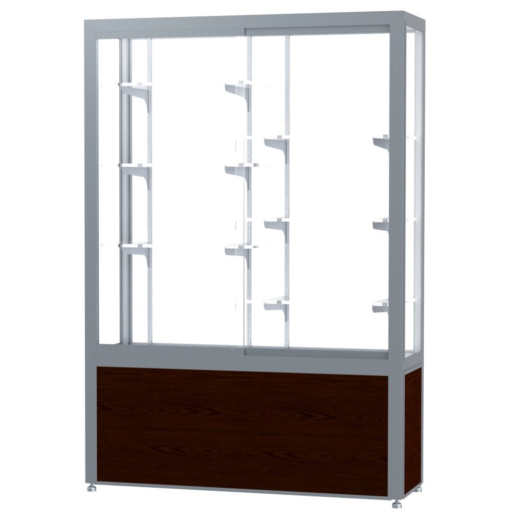 Ghent Challenger Display Case, White Laminate Back, Satin Natural Aluminum Frame Finish, 66"H x 48"W x 16"D - SchoolOutlet