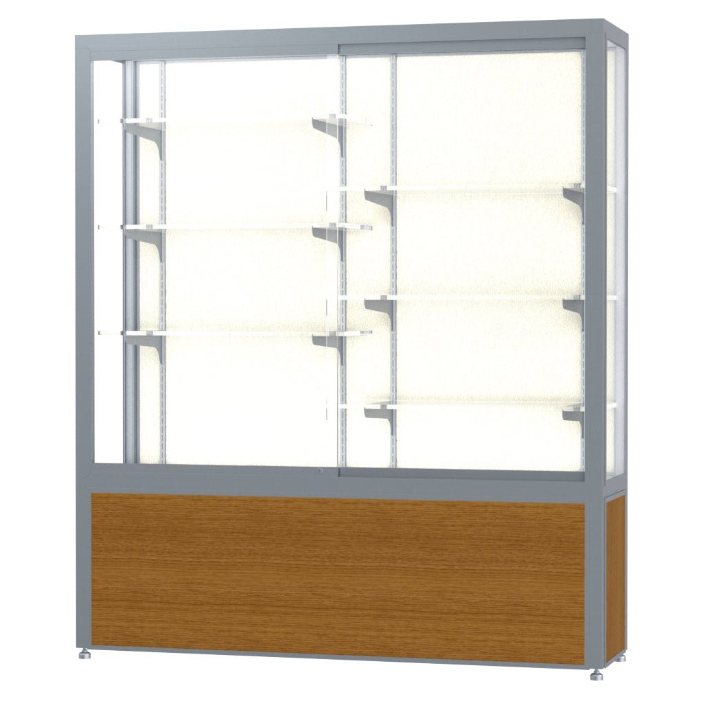 Ghent Challenger Display Case, Plaque Fabric Back, Satin Natural Aluminum Frame Finish, 66"H x 60"W x 16"D - SchoolOutlet