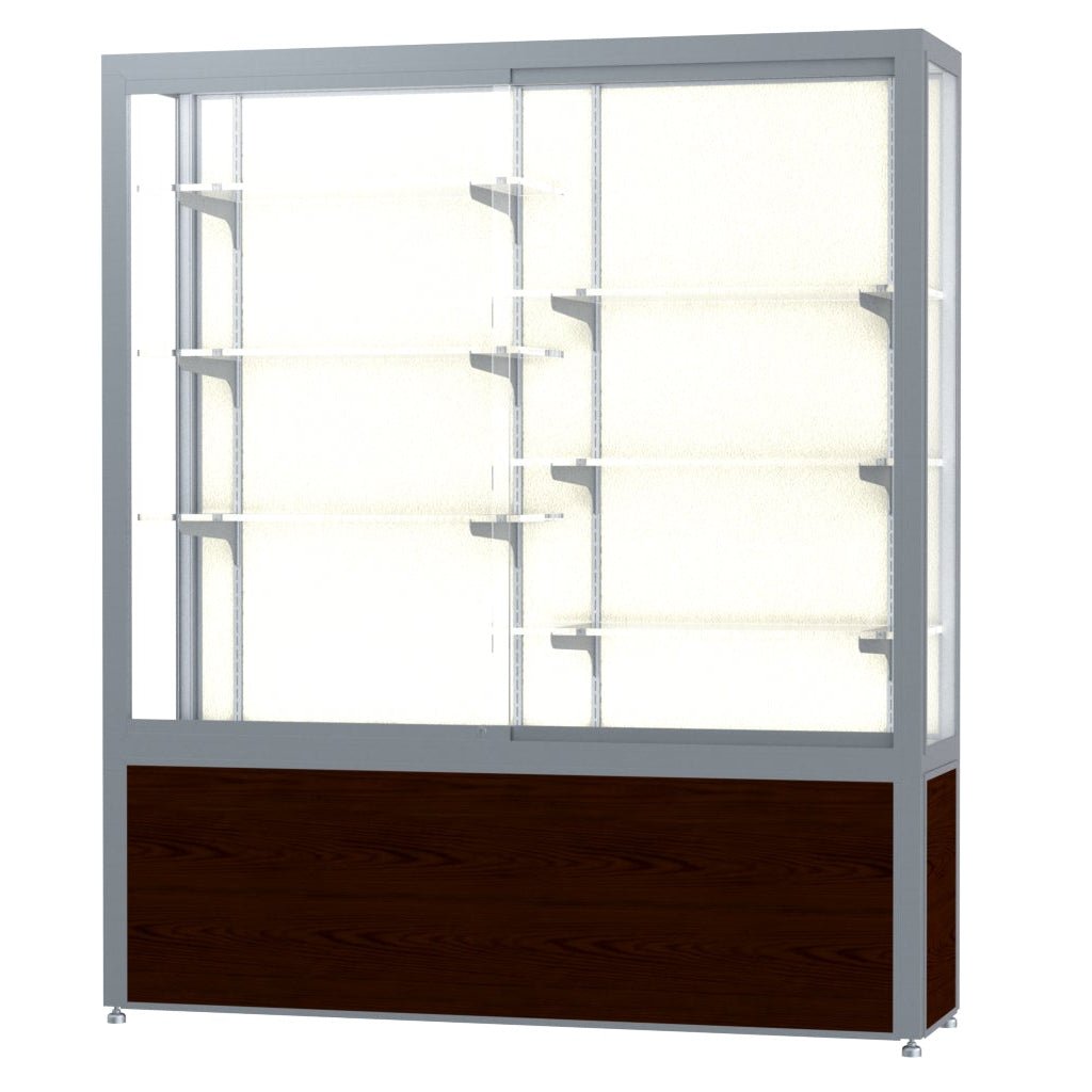 Ghent Challenger Display Case, Plaque Fabric Back, Satin Natural Aluminum Frame Finish, 66"H x 60"W x 16"D - SchoolOutlet